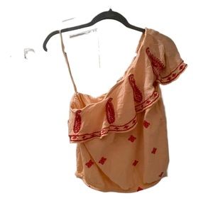 Free People Small Orange Easy On The Eyes One Shoulder Embroidered Cotton Blouse
